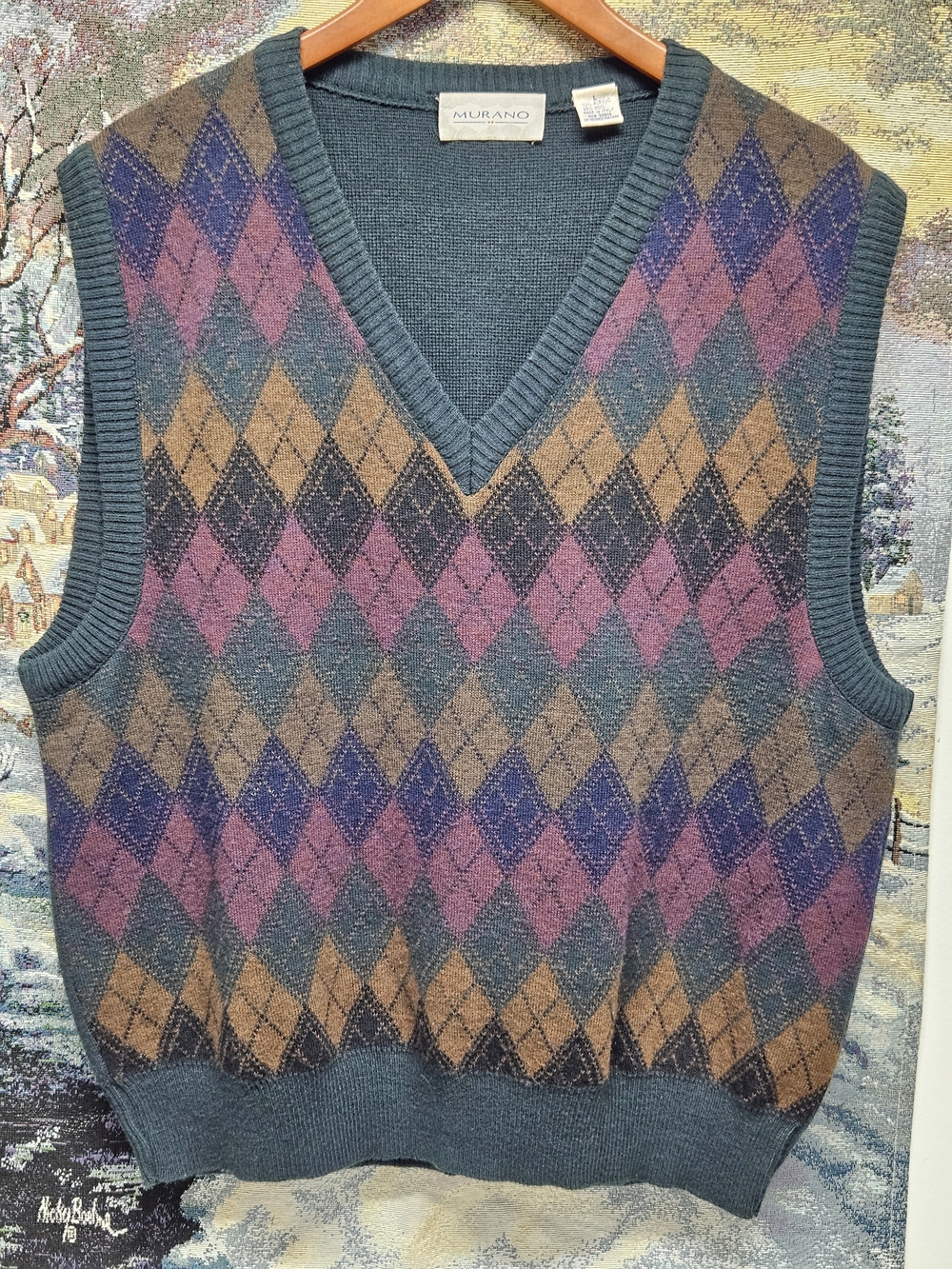 Murano Argyle Sweater Vest Size L Wool Blend Diamond Print Country Club Preppy